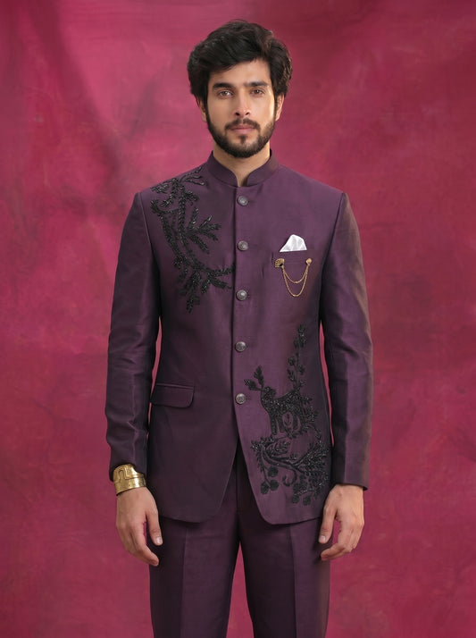 Men's Jodhpuri Purple Rayon  Suit With Pant