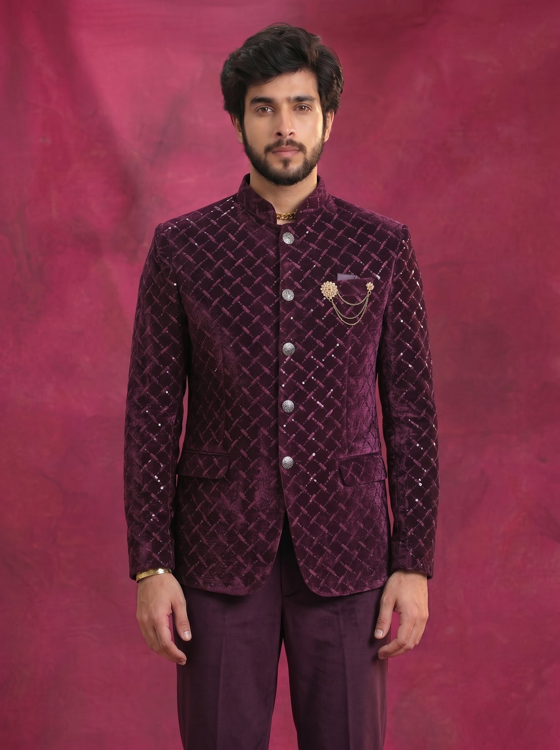 Jodhpuri   Wine  Velvet  Suits with Pant for Men for Wedding