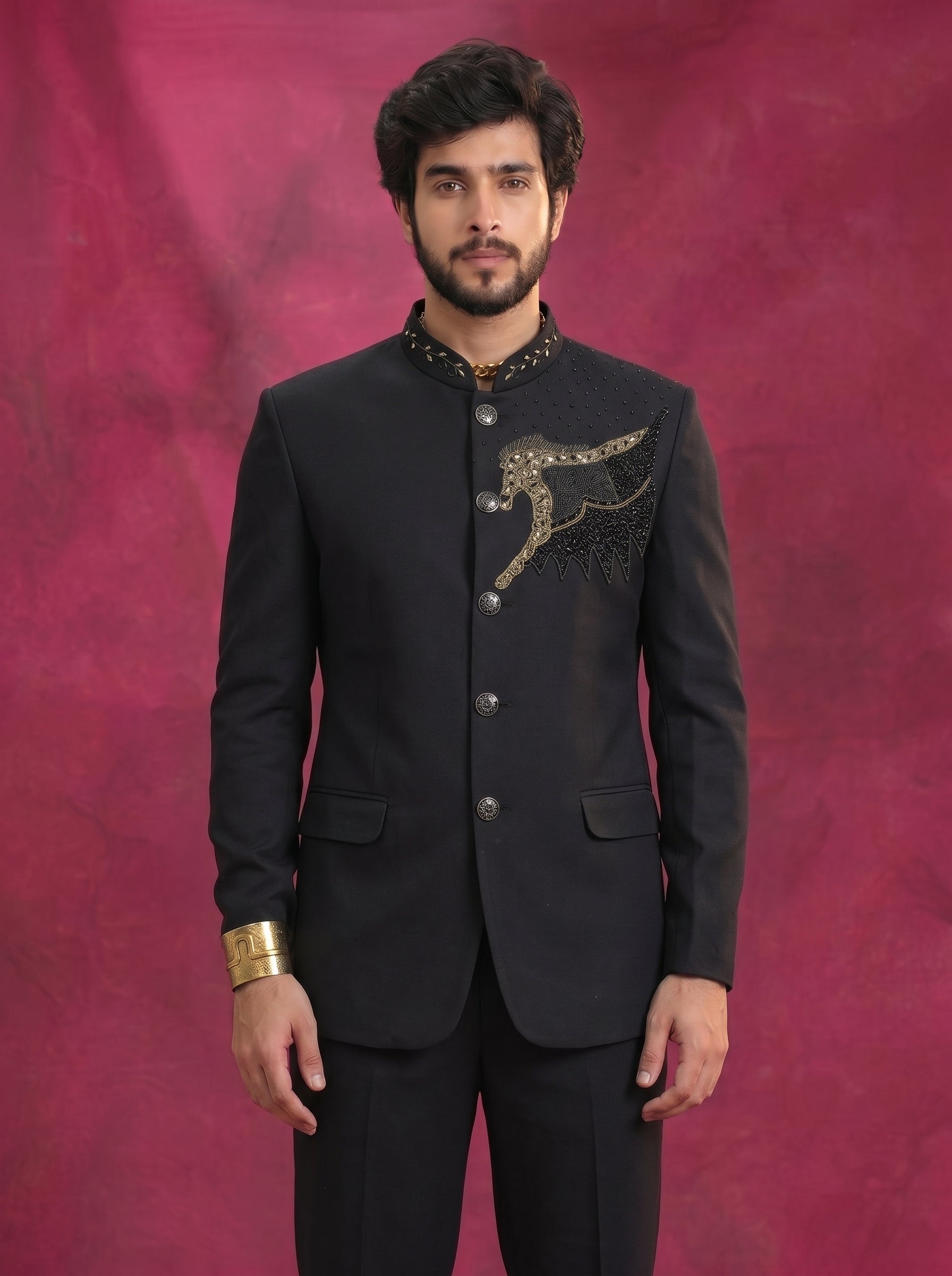 Jodhpuri Suits Black with Pant for Men for Wedding - Thread Embroidery Work