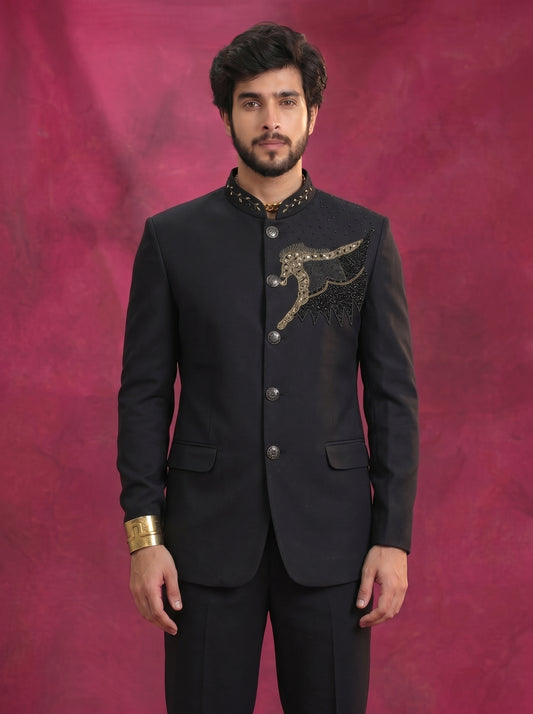 Jodhpuri Suits Black with Pant for Men for Wedding - Thread Embroidery Work