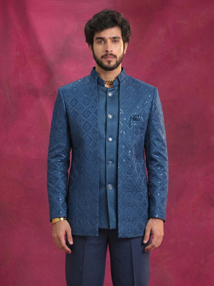 Men's Light blue Velvet Jodhpuri shrug suit