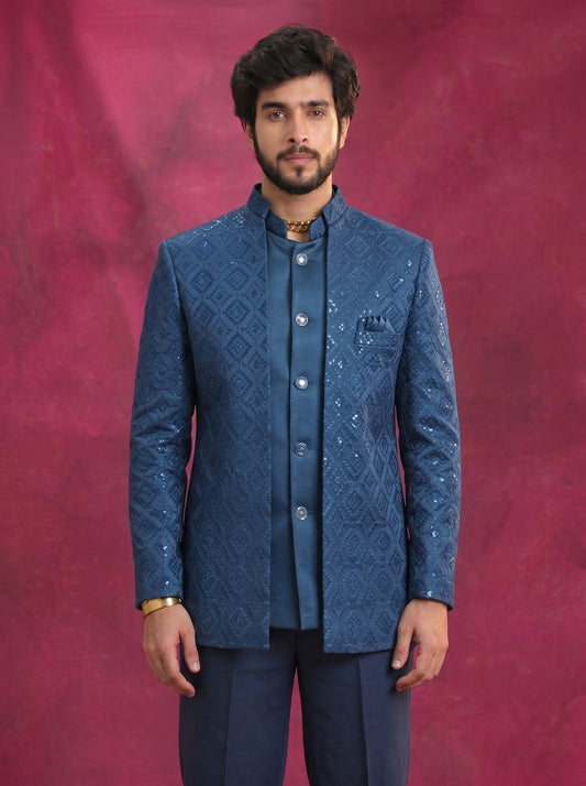 Men's Jodhpuri  Velvet Light blue Suit With Pant