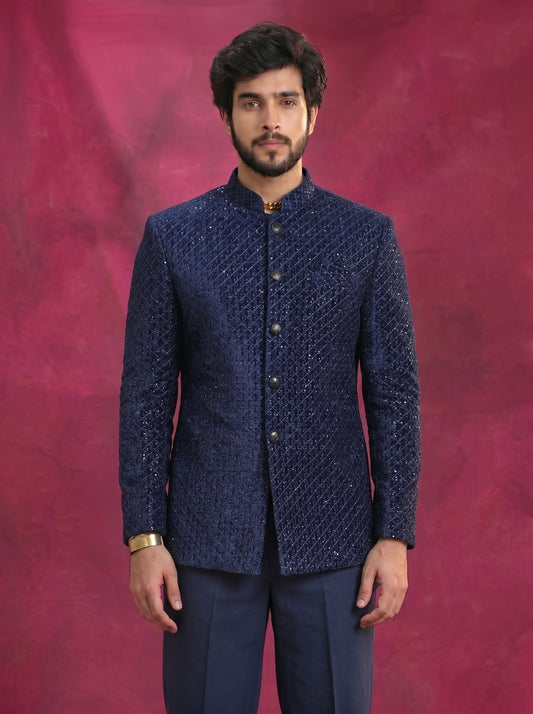Men's Jodhpuri Velvet Light blue Suit With Pant