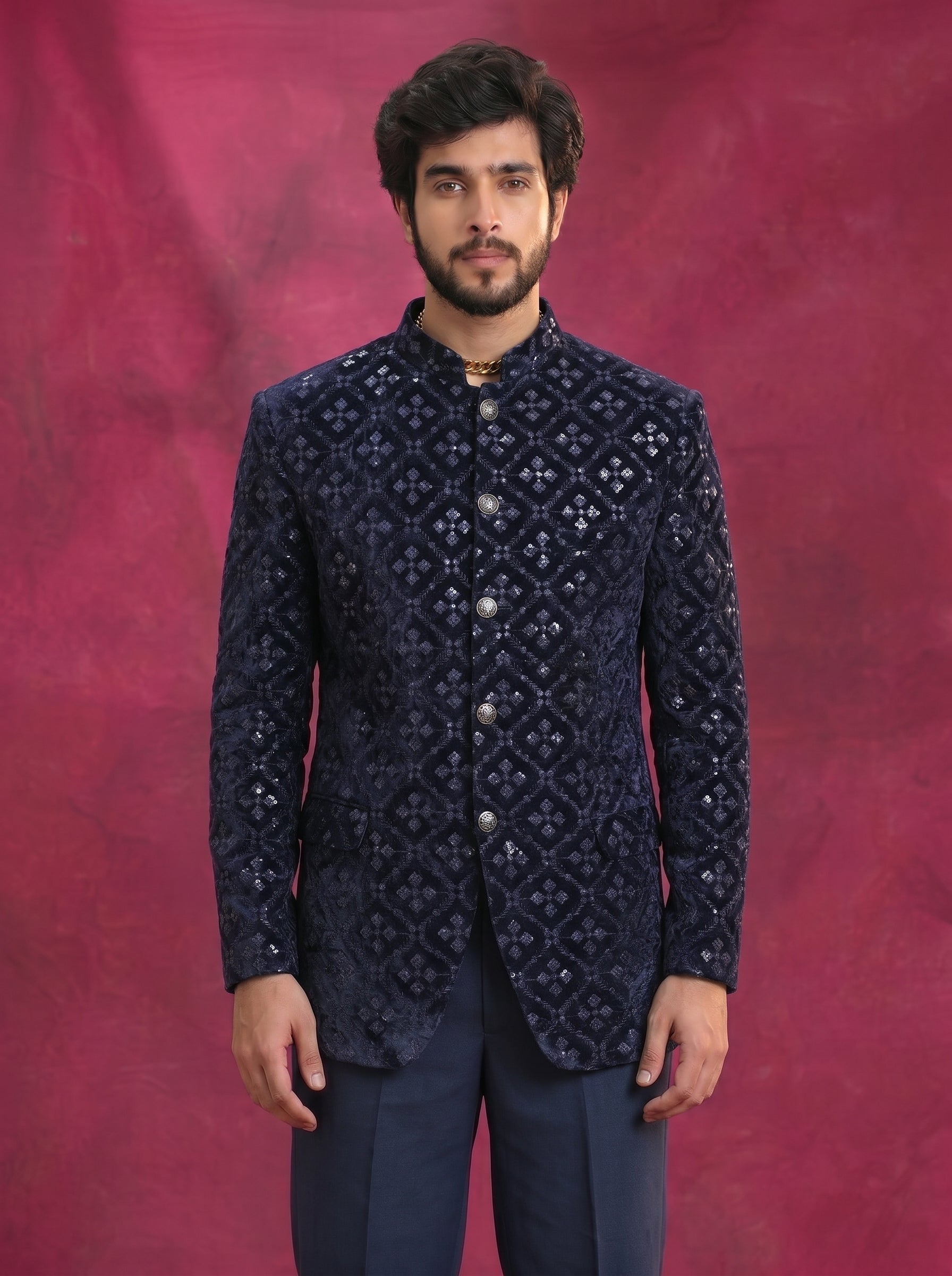 Men's Jodhpuri Velvet Dark blue Suit With Pant
