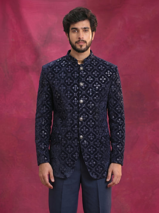 Men's Jodhpuri Velvet Dark blue Suit With Pant