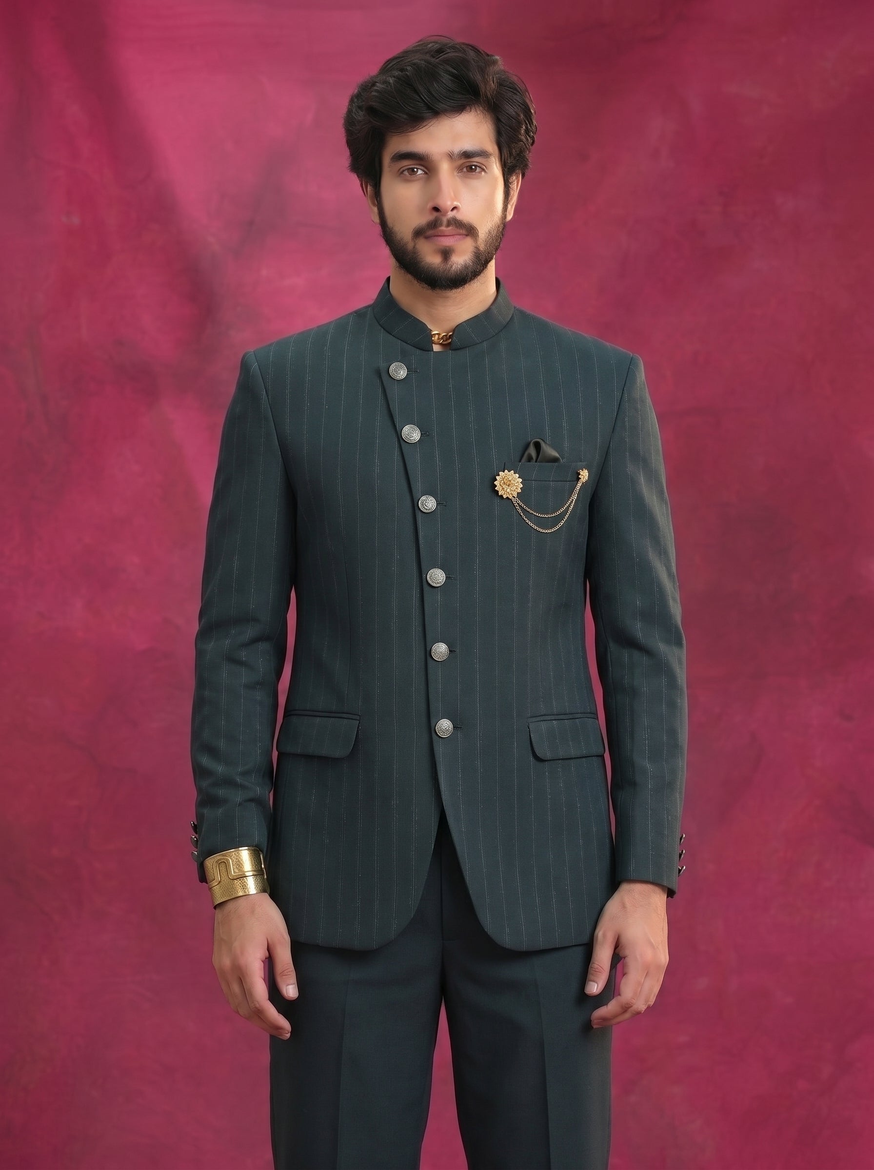 Azurion-Ninja Green Striped Wool Rich Cross Placket Bandhgala Slight Stretch Suit