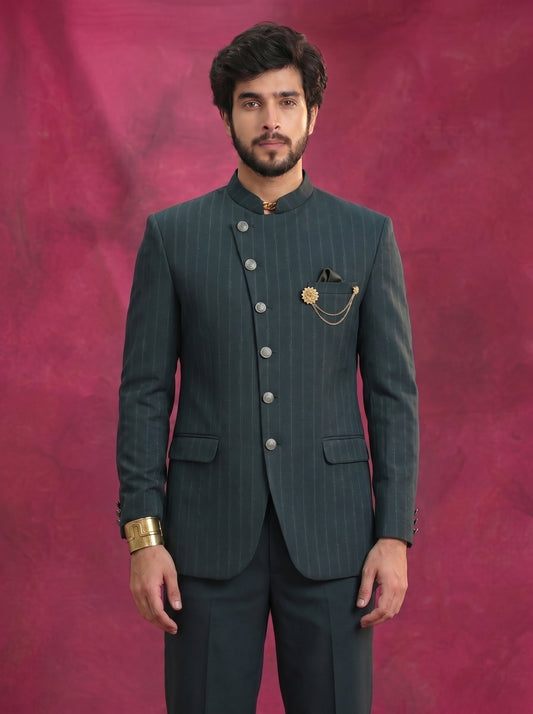 Azurion-Ninja Green Striped Wool Rich Cross Placket Bandhgala Slight Stretch Suit