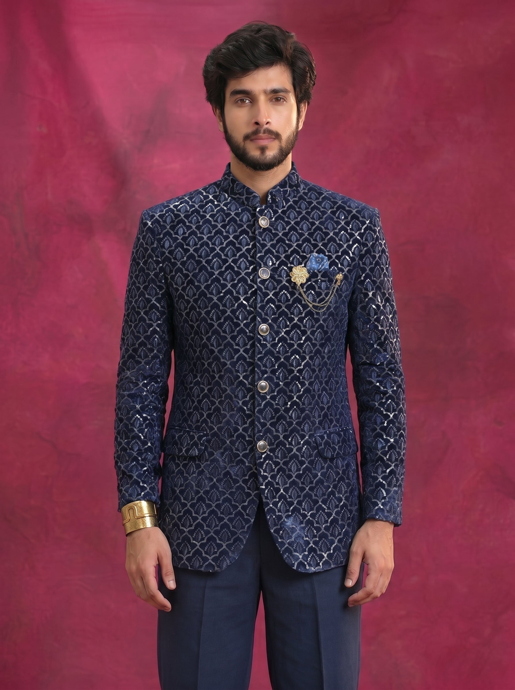 Jodhpuri Peacock Blue velvet Suits with Pant for Men for Wedding