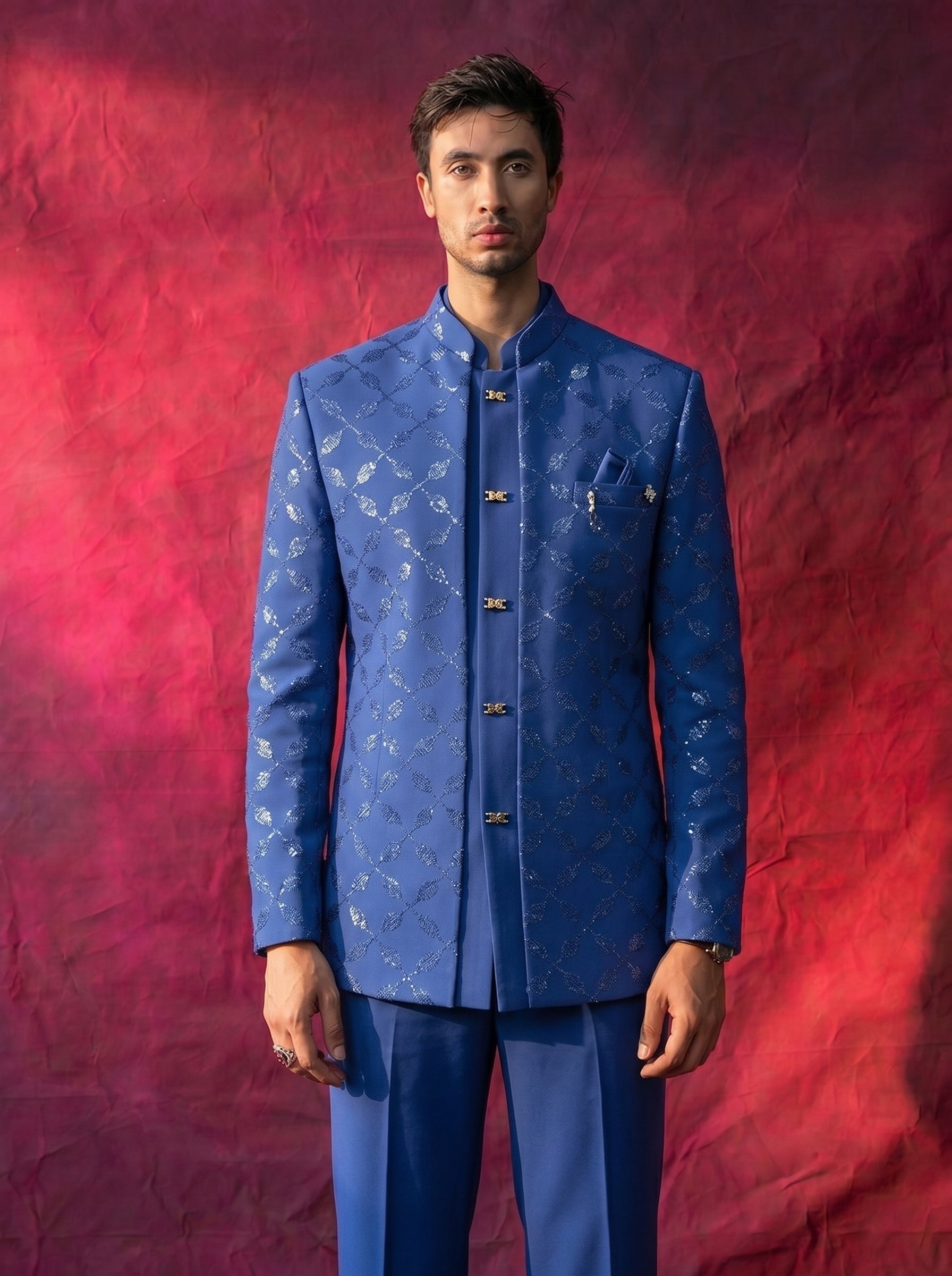 Jodhpuri Blue velvet Suits with Pant for Men for Wedding