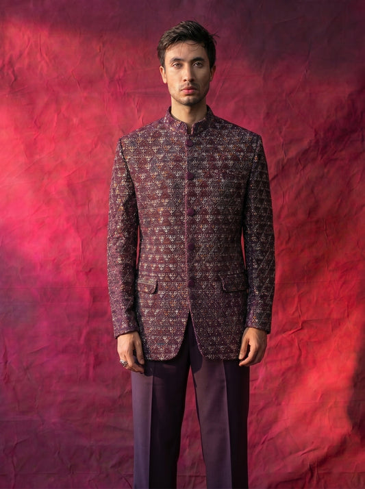 Men's Jodhpuri Maroon Velvet  Suit With Pant