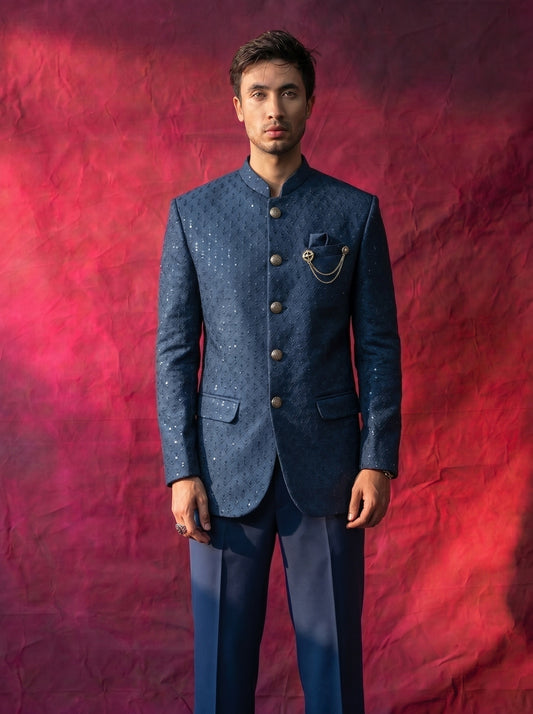 Men's Jodhpuri Velvet Light blue Suit With Pant