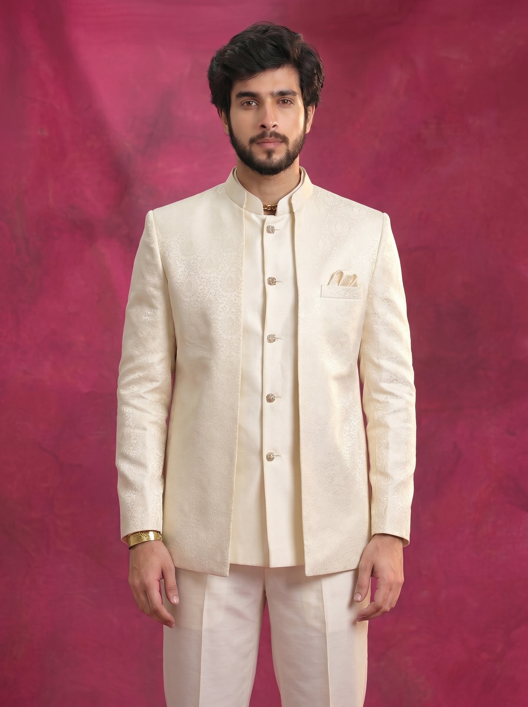 Cream White Terry Rayon Jodhpuri suit for men