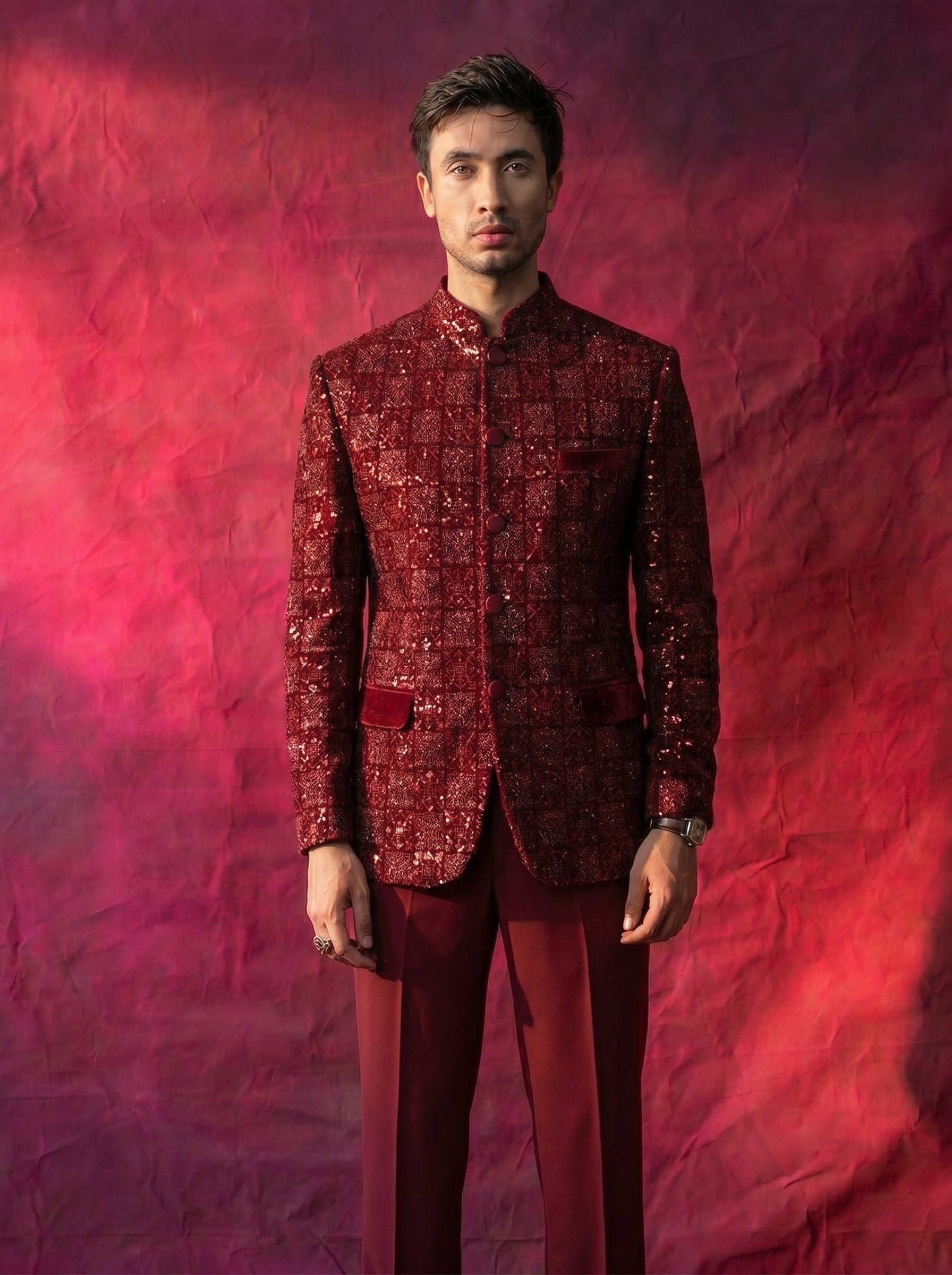 Men's Jodhpuri Velvet  Red Suit With Pant