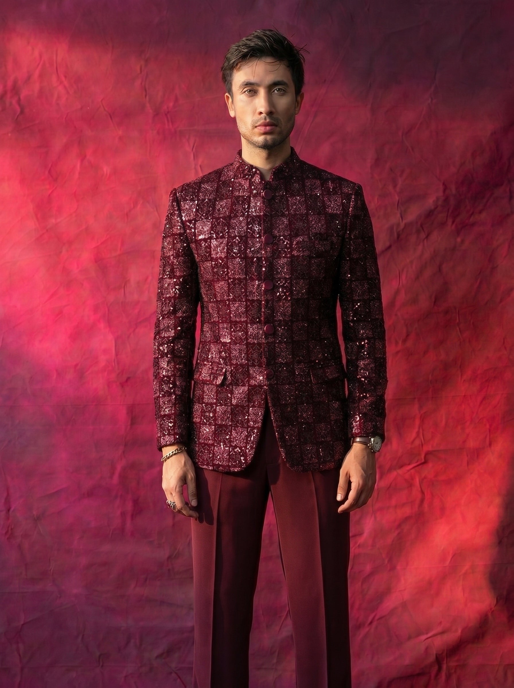 Men's Jodhpuri Velvet  Maroon Suit With Pant