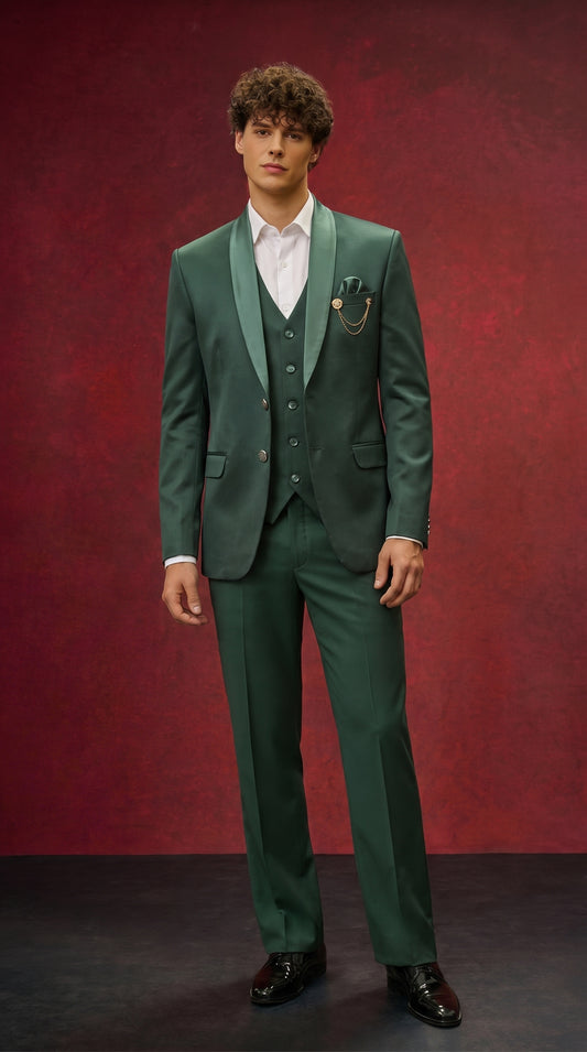 Premium Green Satin Tuxedo Three Piece Suit for Men