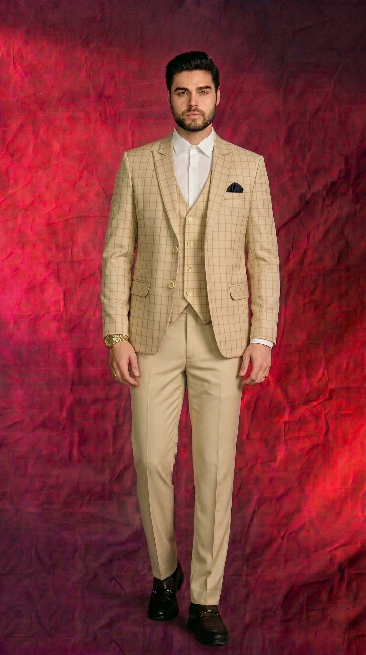 Men's Beige Checkered 3 Piece Suit | Premium Blazer, Waistcoat & Trouser Set for Wedding, Reception & Formal Wear