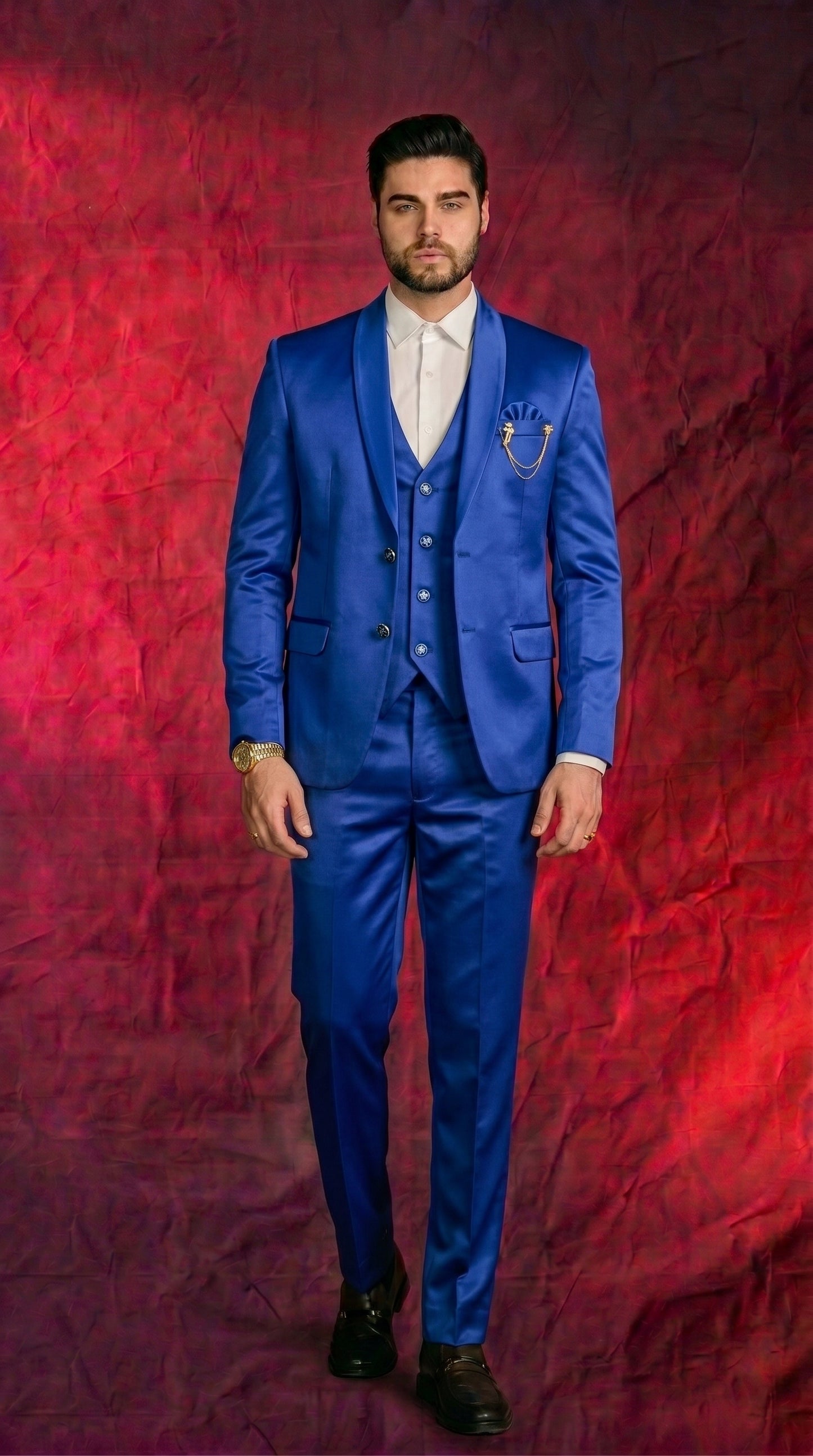 Men's Royal Blue Satin Finish 3 Piece Suit | Premium Blazer, Waistcoat & Trouser Set for Wedding, Reception & Party Wear