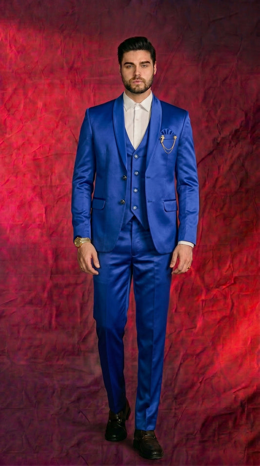 Men's Royal Blue Satin Finish 3 Piece Suit | Premium Blazer, Waistcoat & Trouser Set for Wedding, Reception & Party Wear