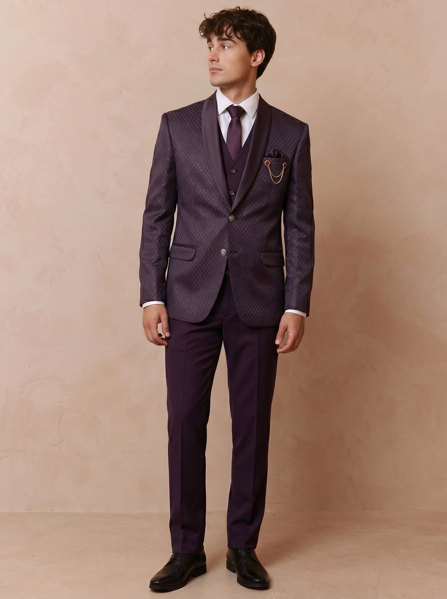 Men's Royal Plum Jacquard 3 Piece Suit