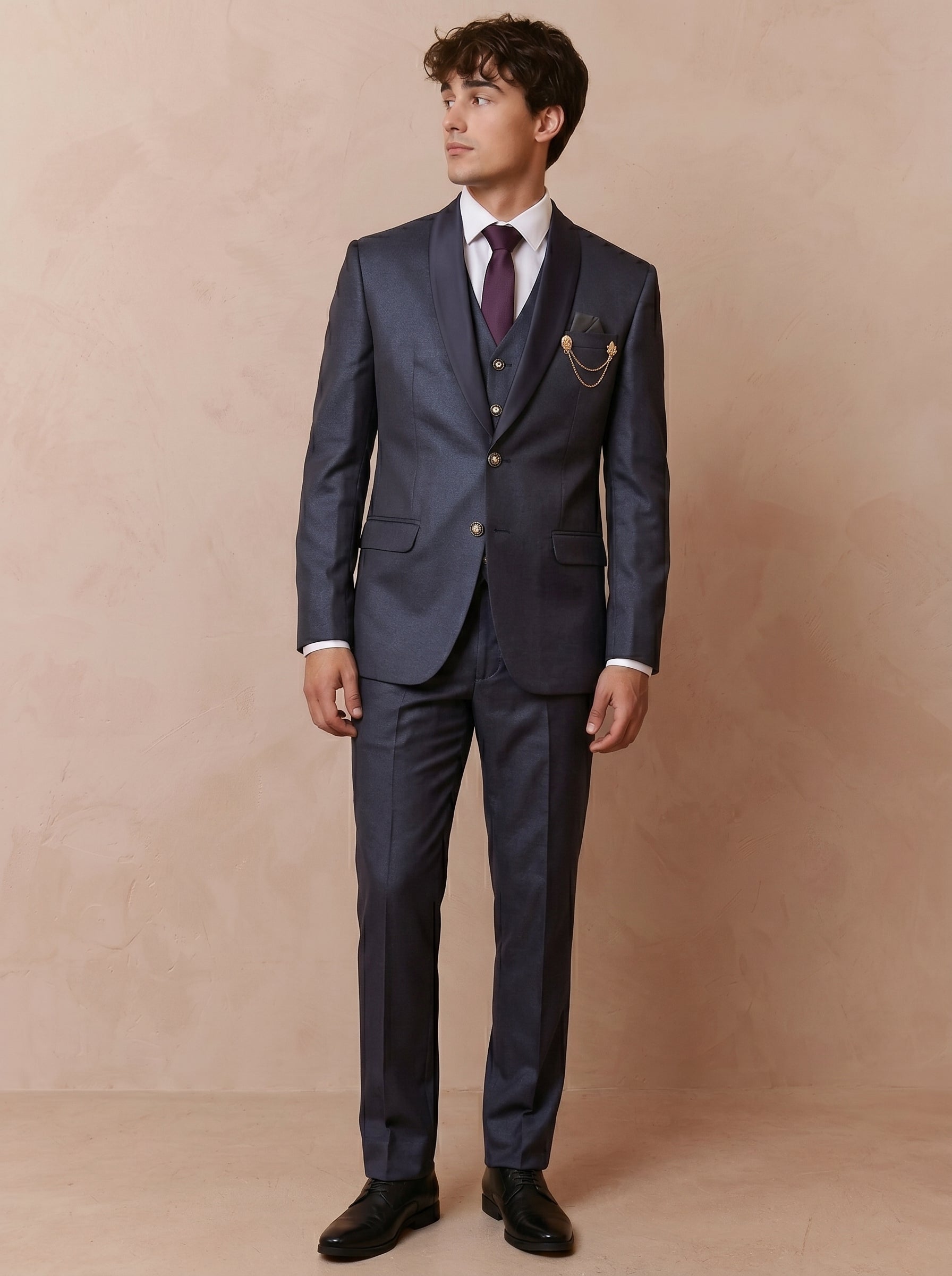 Men's Steel Blue Satin 3 Piece Suit