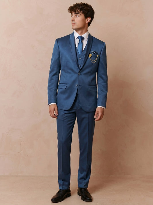 Men's Sky Blue Satin Tuxedo 3 Piece Suit