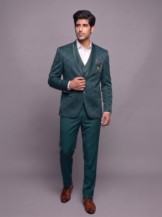 Club AK Men's Emerald Green Jacquard 3-Piece Tuxedo Suit with Shawl Lapel | Premium Wedding & Party Wear