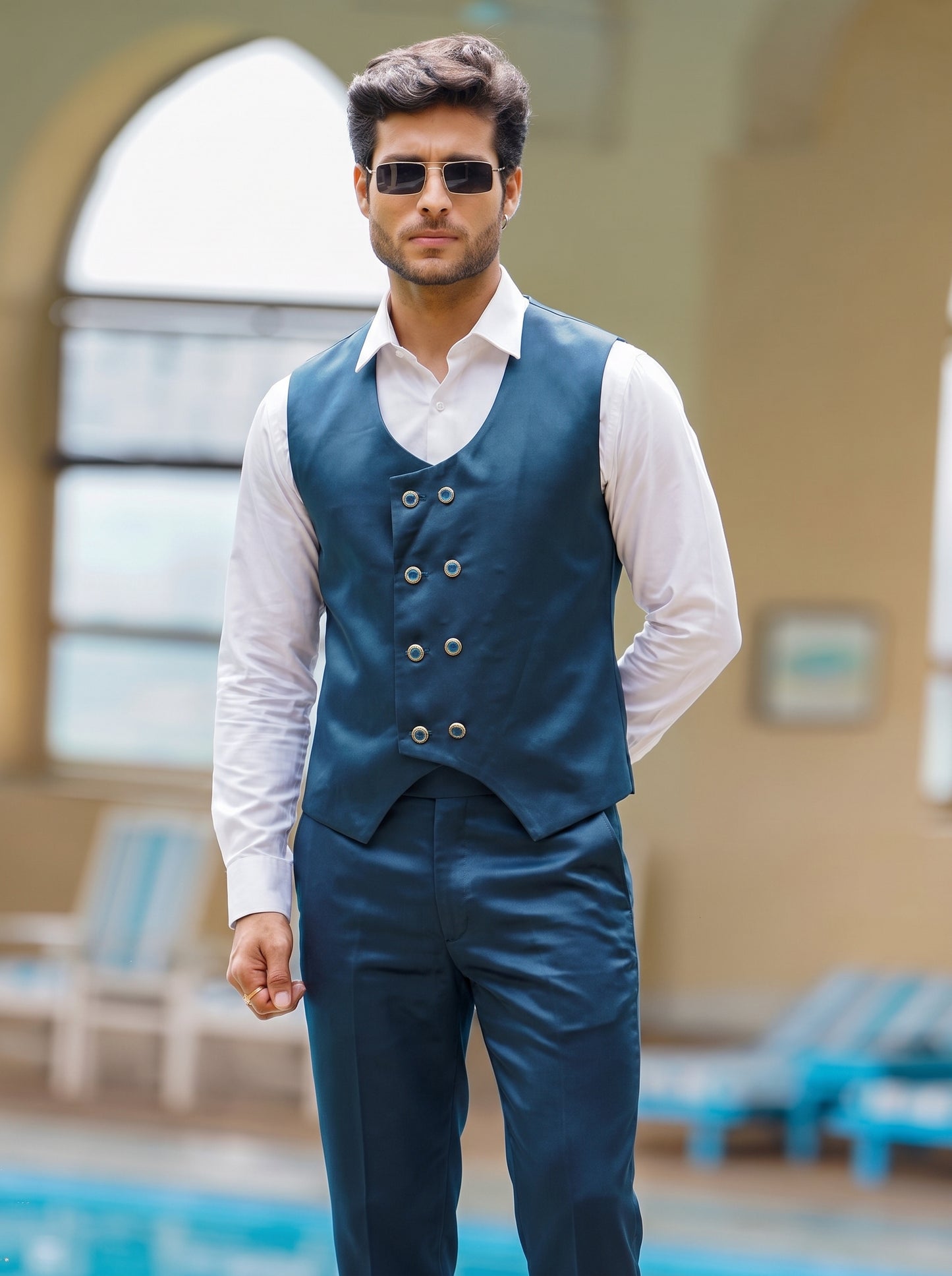 Club AK Men's Designer Blue 3 Piece Suit Set with Double Breasted Waistcoat and Satin Lapel | Luxury Party Wear Suit for Men