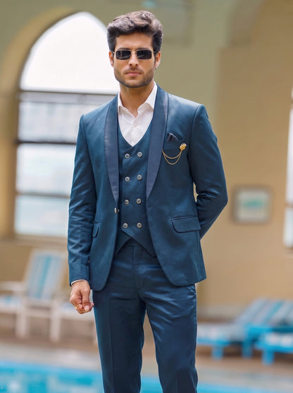 Club AK Men's Designer Blue 3 Piece Suit Set with Double Breasted Waistcoat and Satin Lapel | Luxury Party Wear Suit for Men