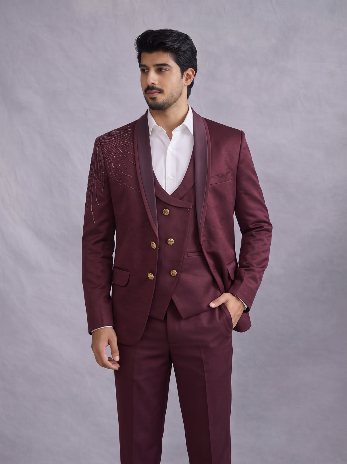 Club AK Men's Premium Burgundy 3 Piece Suit | Wedding, Reception & Party Wear