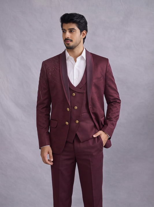 Club AK Men's Premium Burgundy 3 Piece Suit | Wedding, Reception & Party Wear