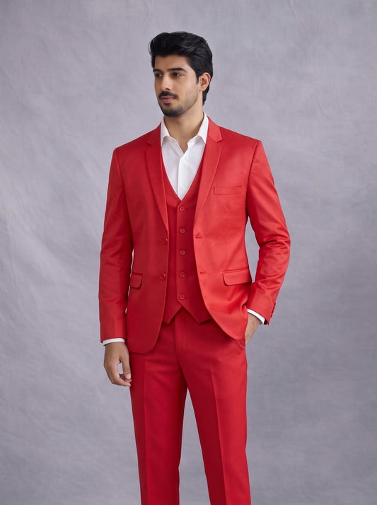 Club AK Men's Premium Bright Red Three Piece Suit Set for Wedding, Reception & Party Wear