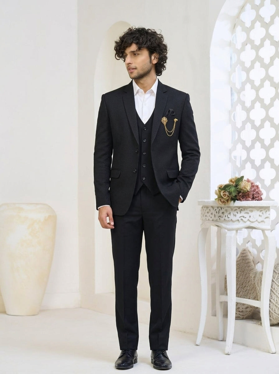 Club AK Men's Premium Black Textured Three-Piece Suit with Blazer, Waistcoat & Trousers