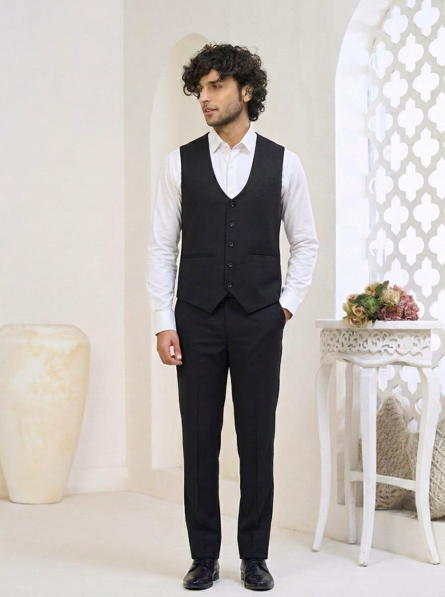 Club AK Men's Premium Black Textured Three-Piece Suit with Blazer, Waistcoat & Trousers