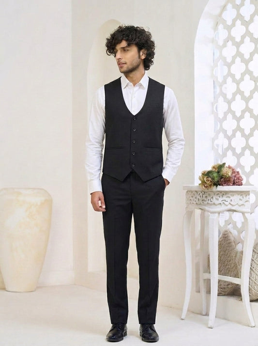 Club AK Men's Premium Black Textured Three-Piece Suit with Blazer, Waistcoat & Trousers