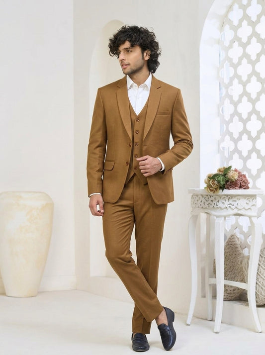 Club AK Men's Luxury Camel Brown Three-Piece Suit with Tailored Blazer, Waistcoat & Trousers