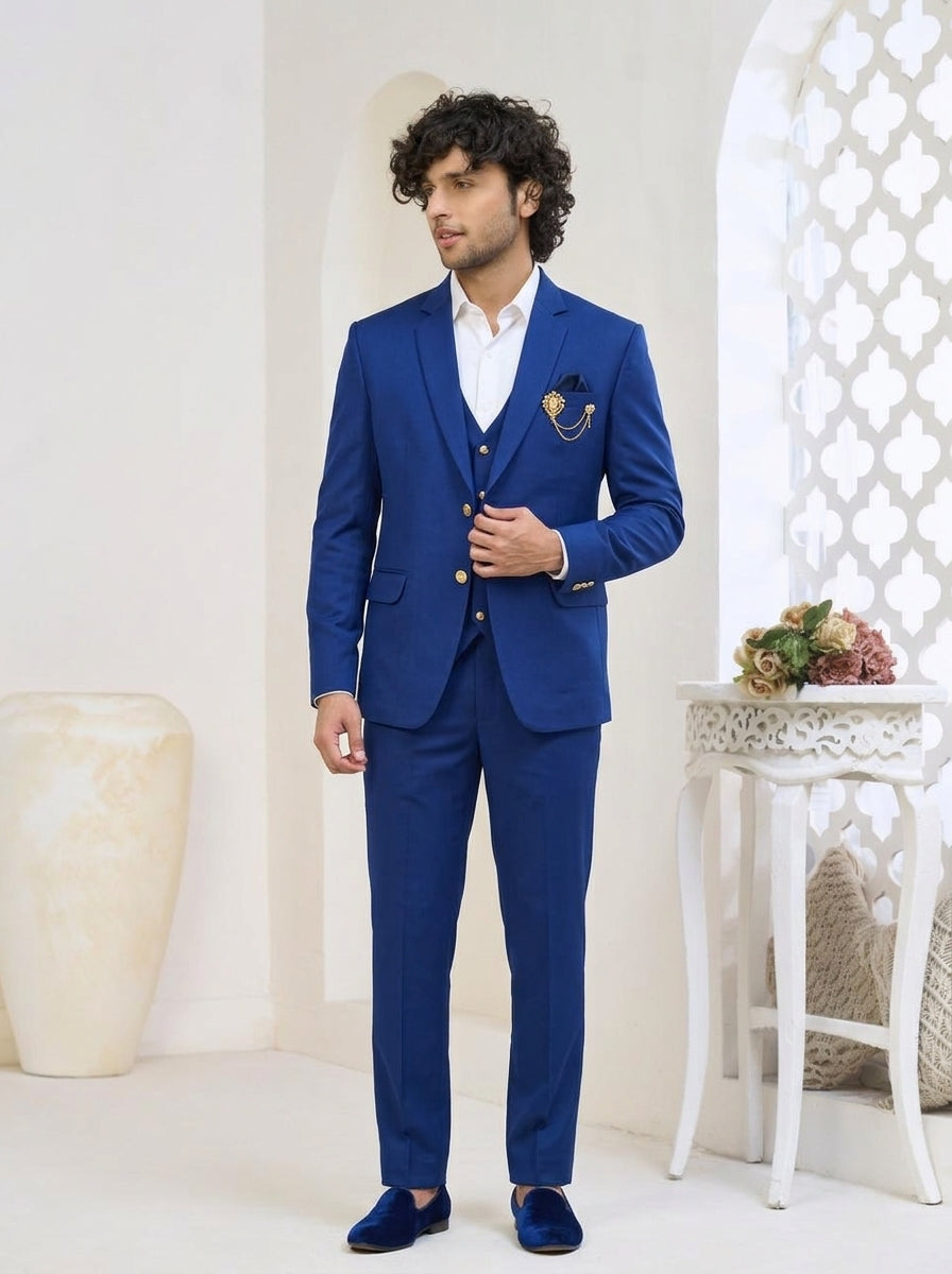 Club AK Men's Royal Blue Designer Three-Piece Suit with Blazer, Waistcoat & Trousers