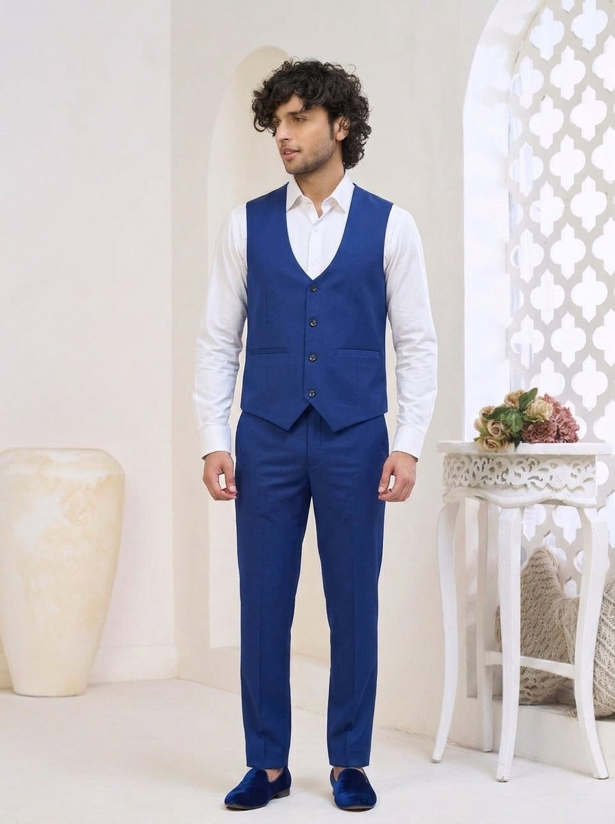 Club AK Men's Royal Blue Designer Three-Piece Suit with Blazer, Waistcoat & Trousers