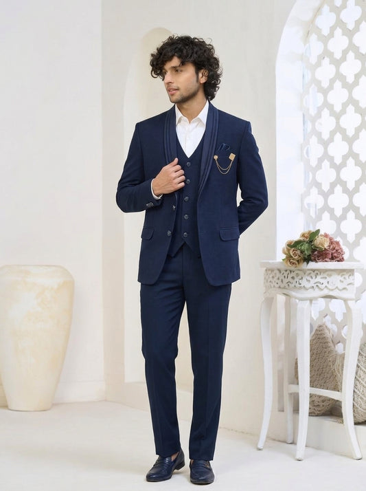 Club AK Men's Midnight Navy Three-Piece Suit with Premium Blazer, Waistcoat & Trousers
