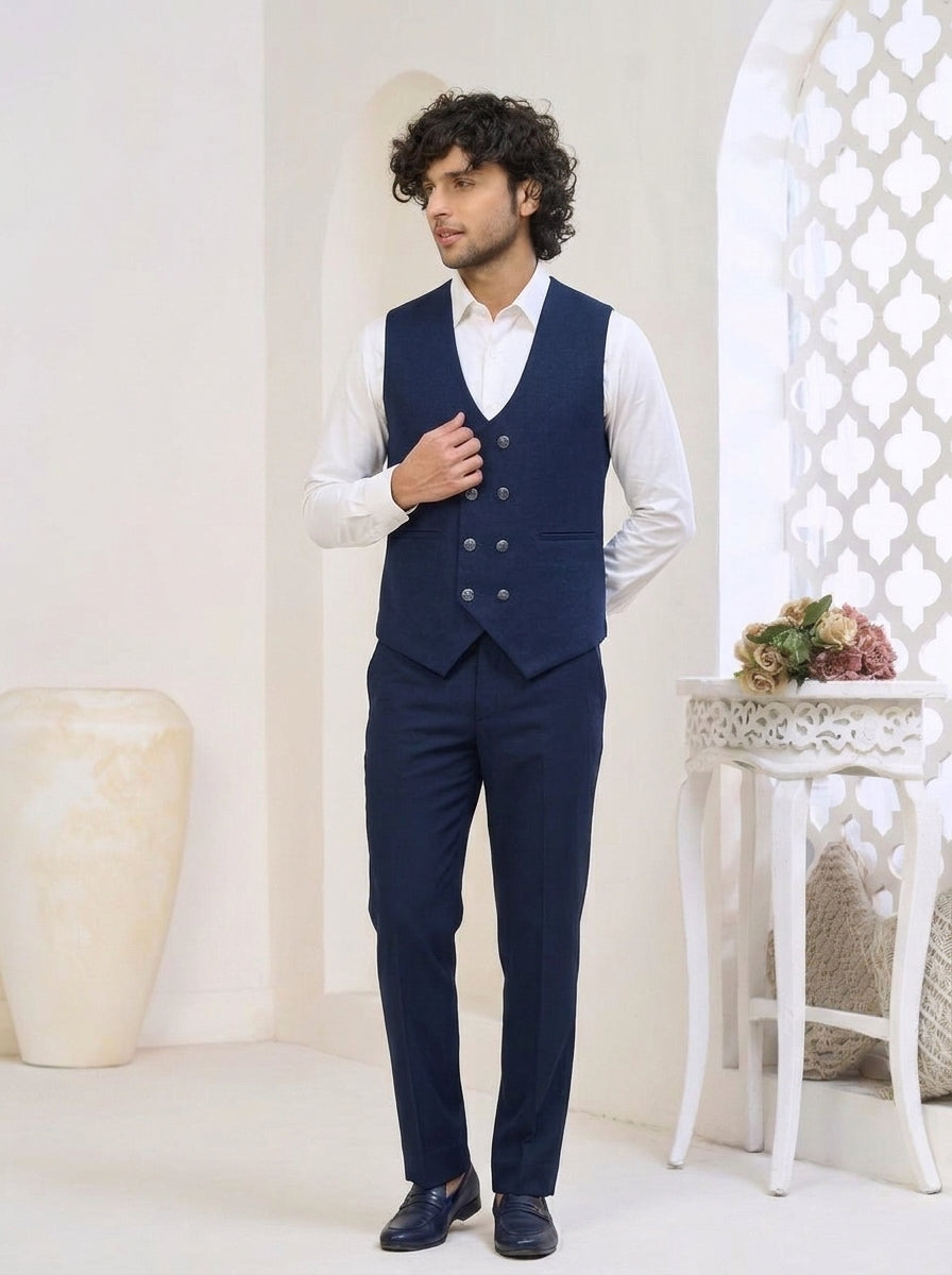 Club AK Men's Midnight Navy Three-Piece Suit with Premium Blazer, Waistcoat & Trousers