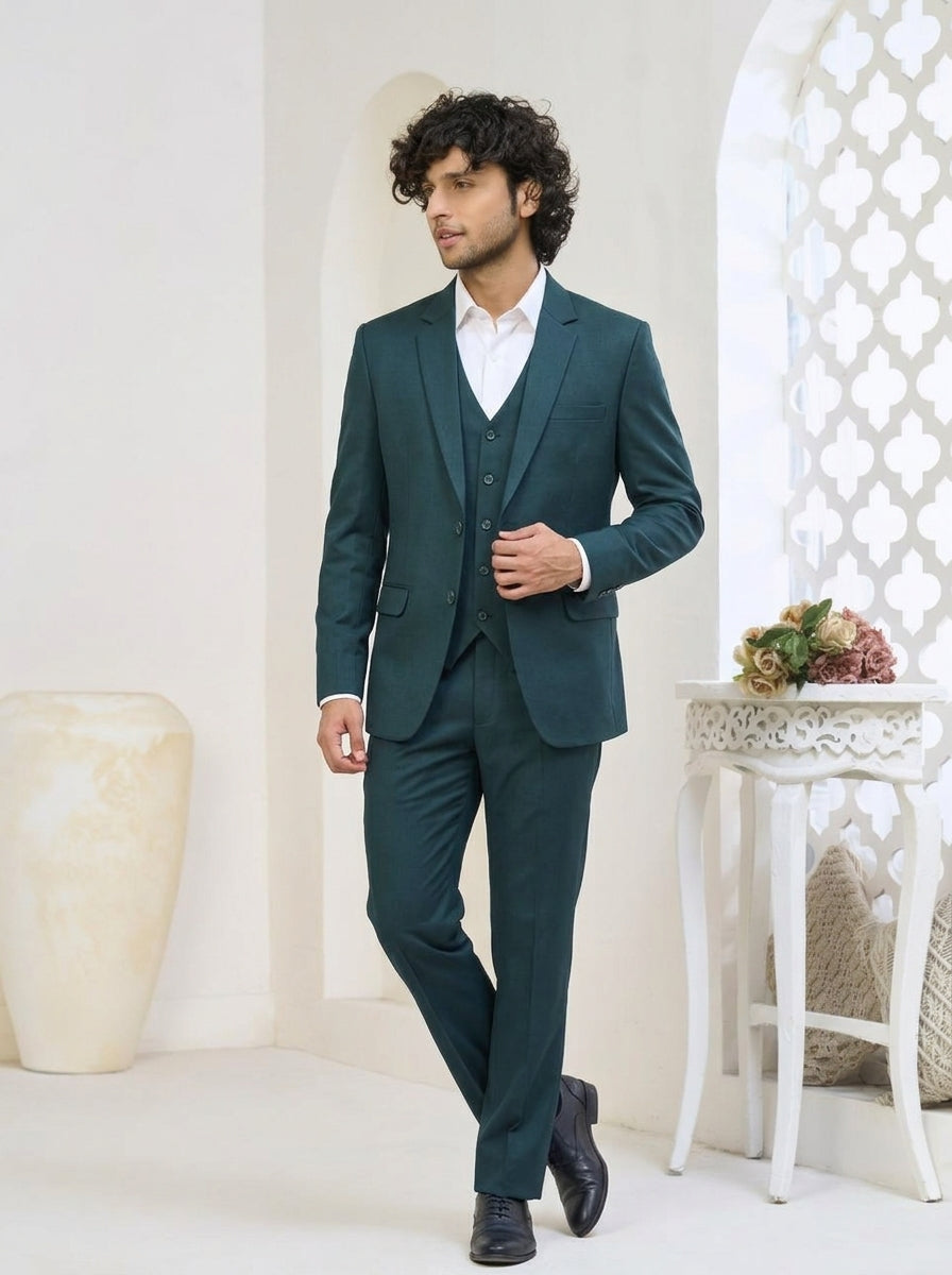 Club AK Men's Forest Green Premium Three-Piece Suit with Tailored Blazer, Waistcoat & Trousers