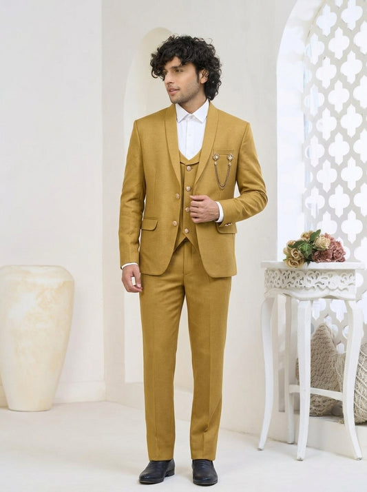 Club AK Men's Regal Mustard Gold Three-Piece Suit with Premium Blazer, Waistcoat & Trousers