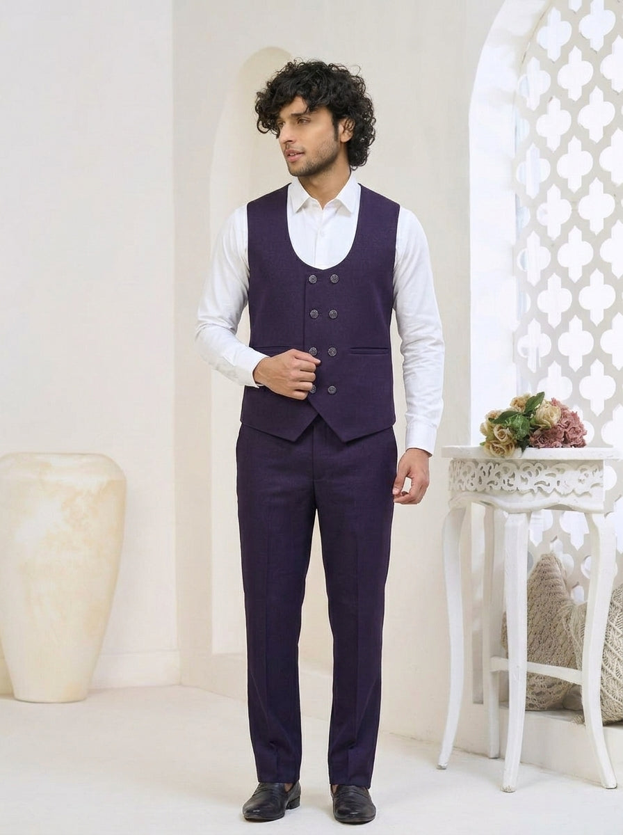 Club AK Men's Imperial Plum Purple Three-Piece Suit with Designer Blazer, Waistcoat & Trousers