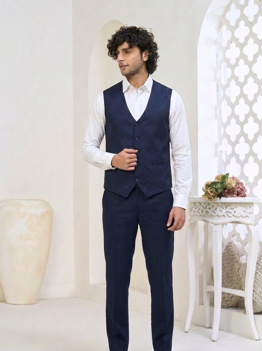 Club AK Men's Signature Navy Blue Three-Piece Suit with Premium Blazer, Waistcoat & Trousers