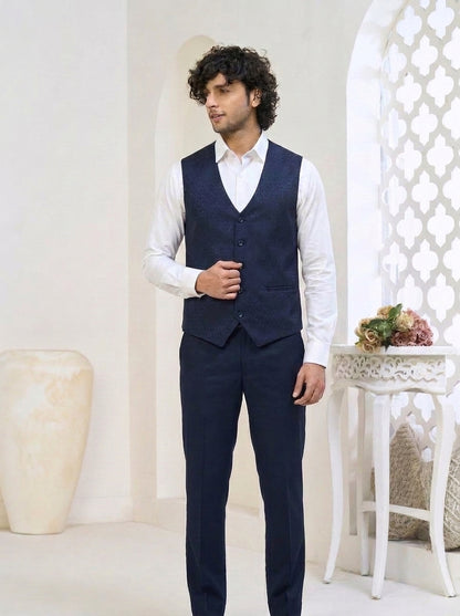 Club AK Men's Signature Navy Blue Three-Piece Suit with Premium Blazer, Waistcoat & Trousers