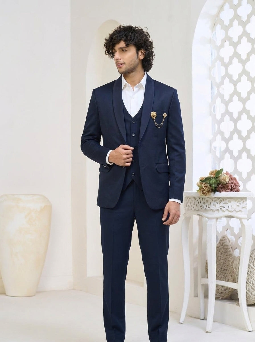Club AK Men's Signature Navy Blue Three-Piece Suit with Premium Blazer, Waistcoat & Trousers
