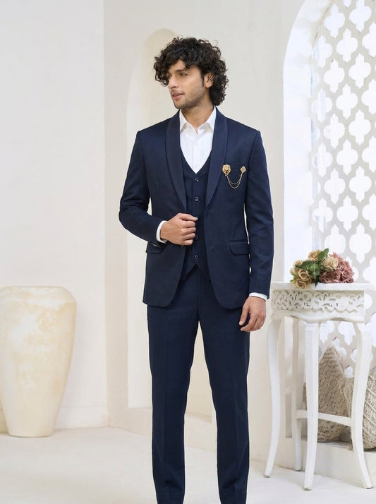 Club AK Men's Signature Navy Blue Three-Piece Suit with Premium Blazer, Waistcoat & Trousers