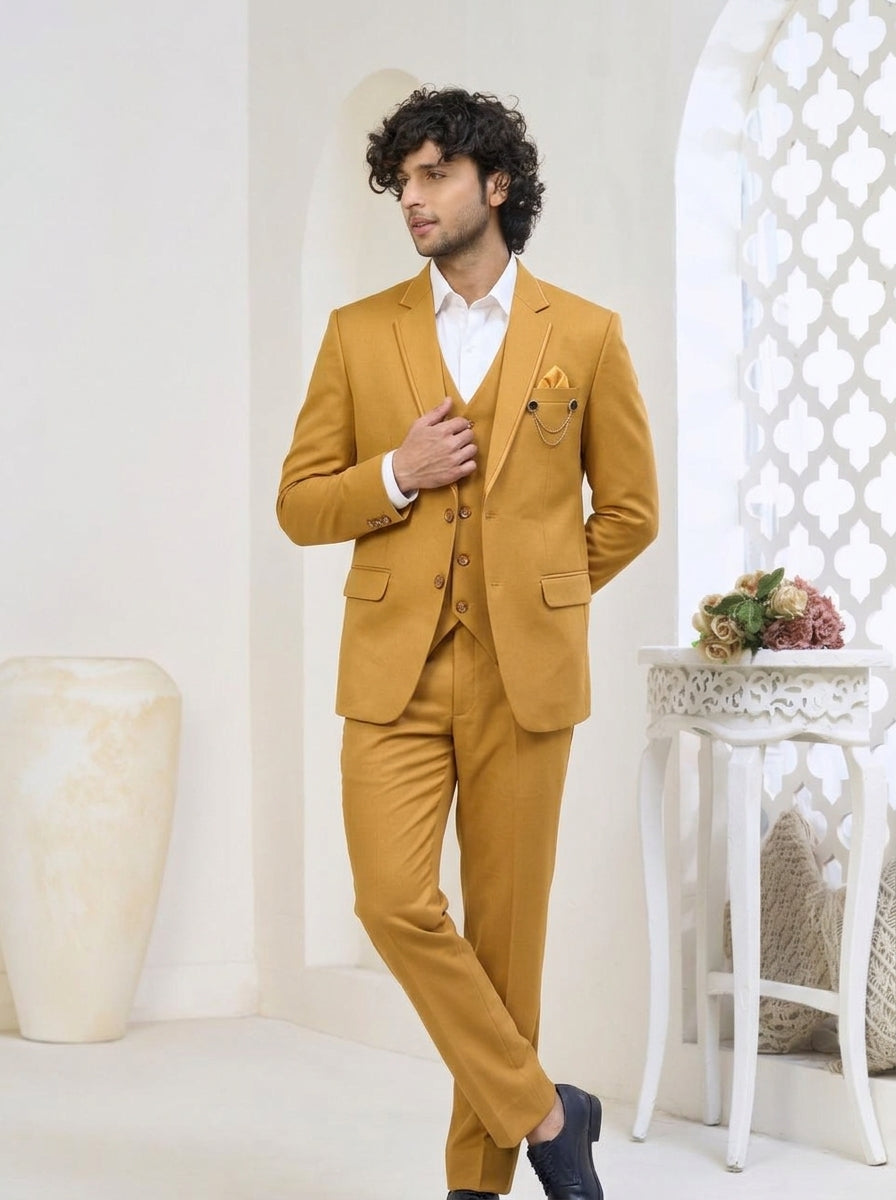 Club AK Men's Golden Ochre Three-Piece Suit with Tailored Blazer, Waistcoat & Trousers
