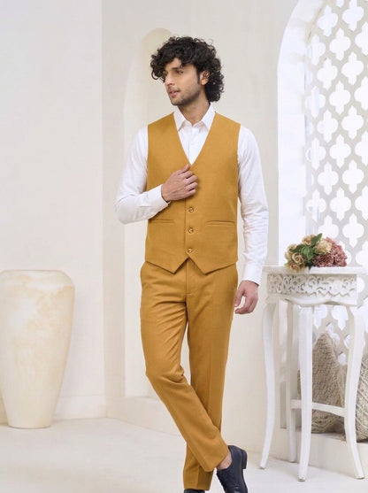 Club AK Men's Golden Ochre Three-Piece Suit with Tailored Blazer, Waistcoat & Trousers