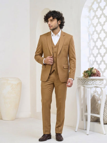 Club AK Men's Sandstone Brown Three-Piece Suit with Tailored Blazer, Waistcoat & Trousers