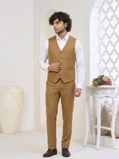 Club AK Men's Sandstone Brown Three-Piece Suit with Tailored Blazer, Waistcoat & Trousers